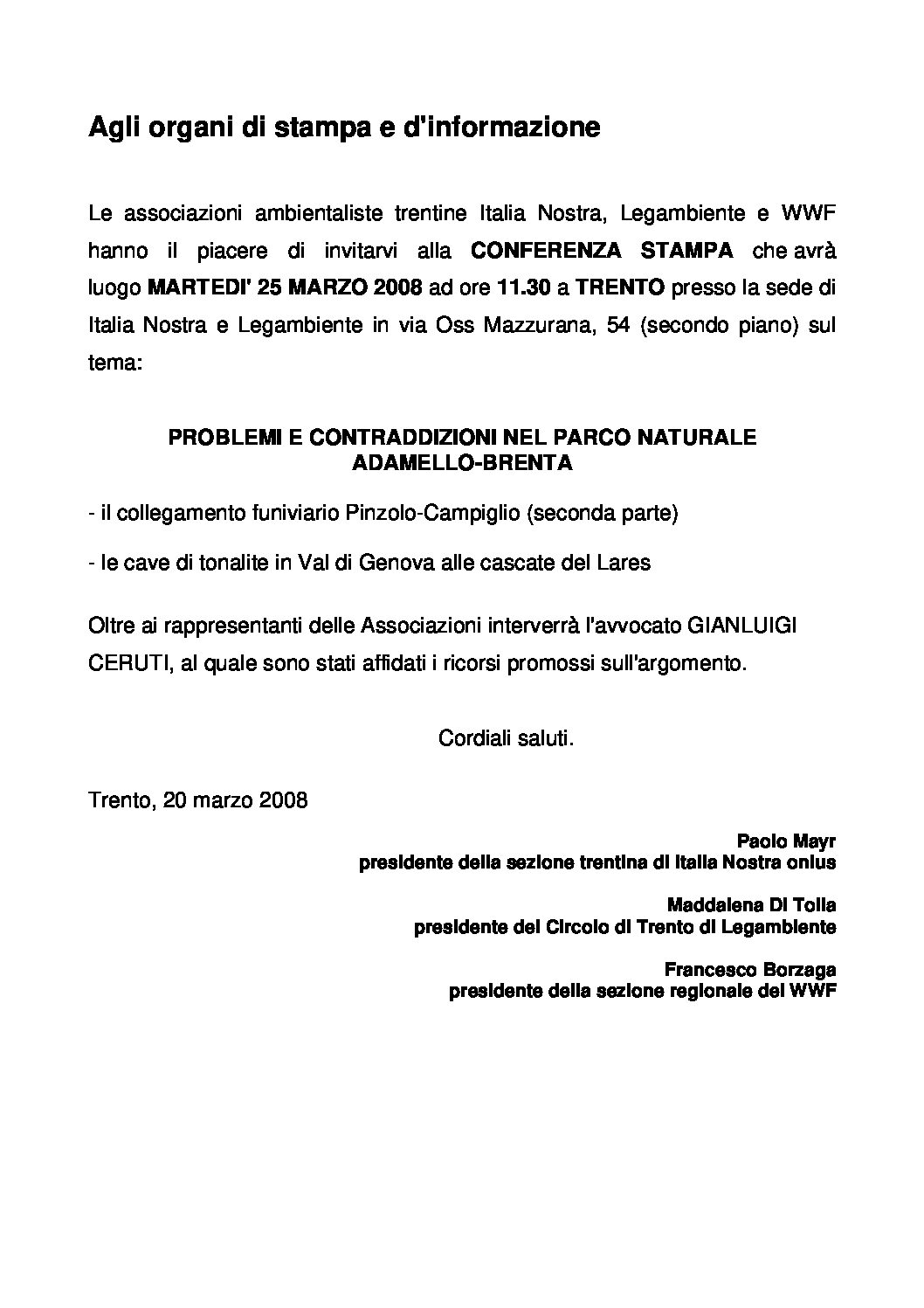 Parco Adamello-Brenta – Invito alla conferenza stampa