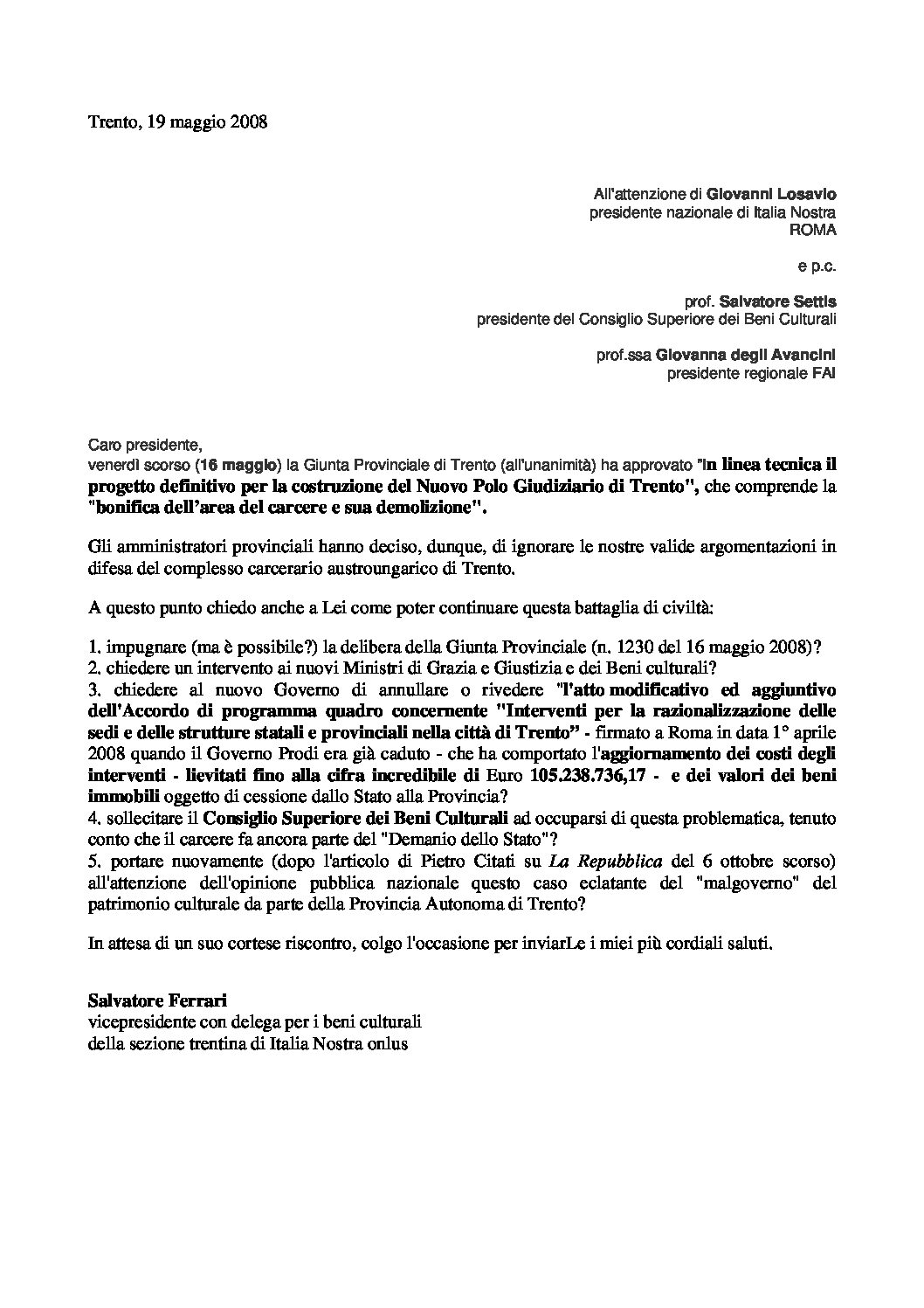 Lettera a Giovanni Losavio Presidente Nazionale di Italia Nostra