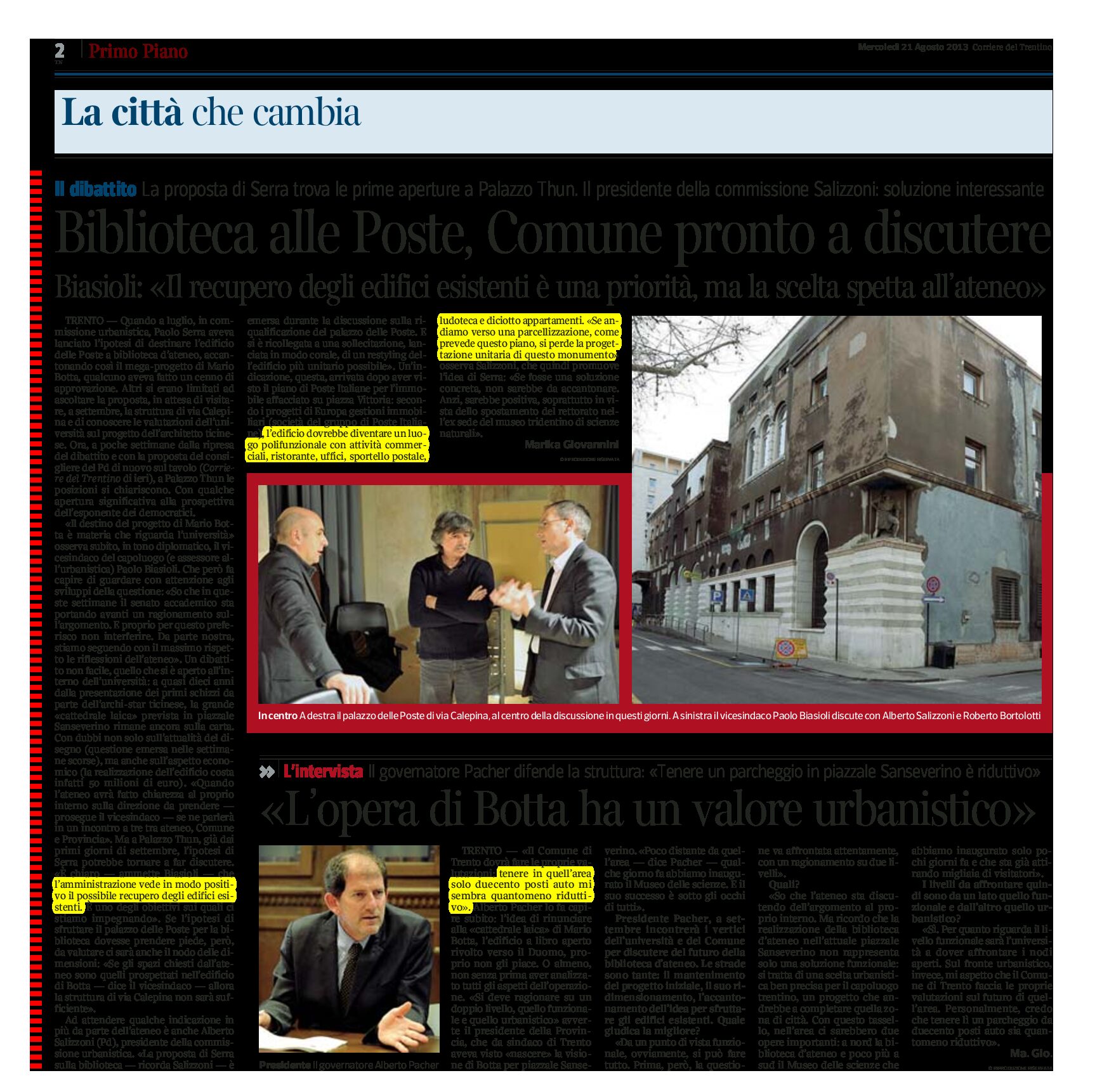 Trento: Biblioteca alle Poste, Comune pronto a discutere. Pacher difende l’opera di Botta