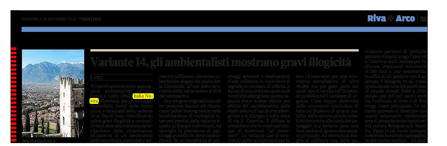 Arco: Variante 14 e Prg, gli ambientalisti mostrano gravi illogicità