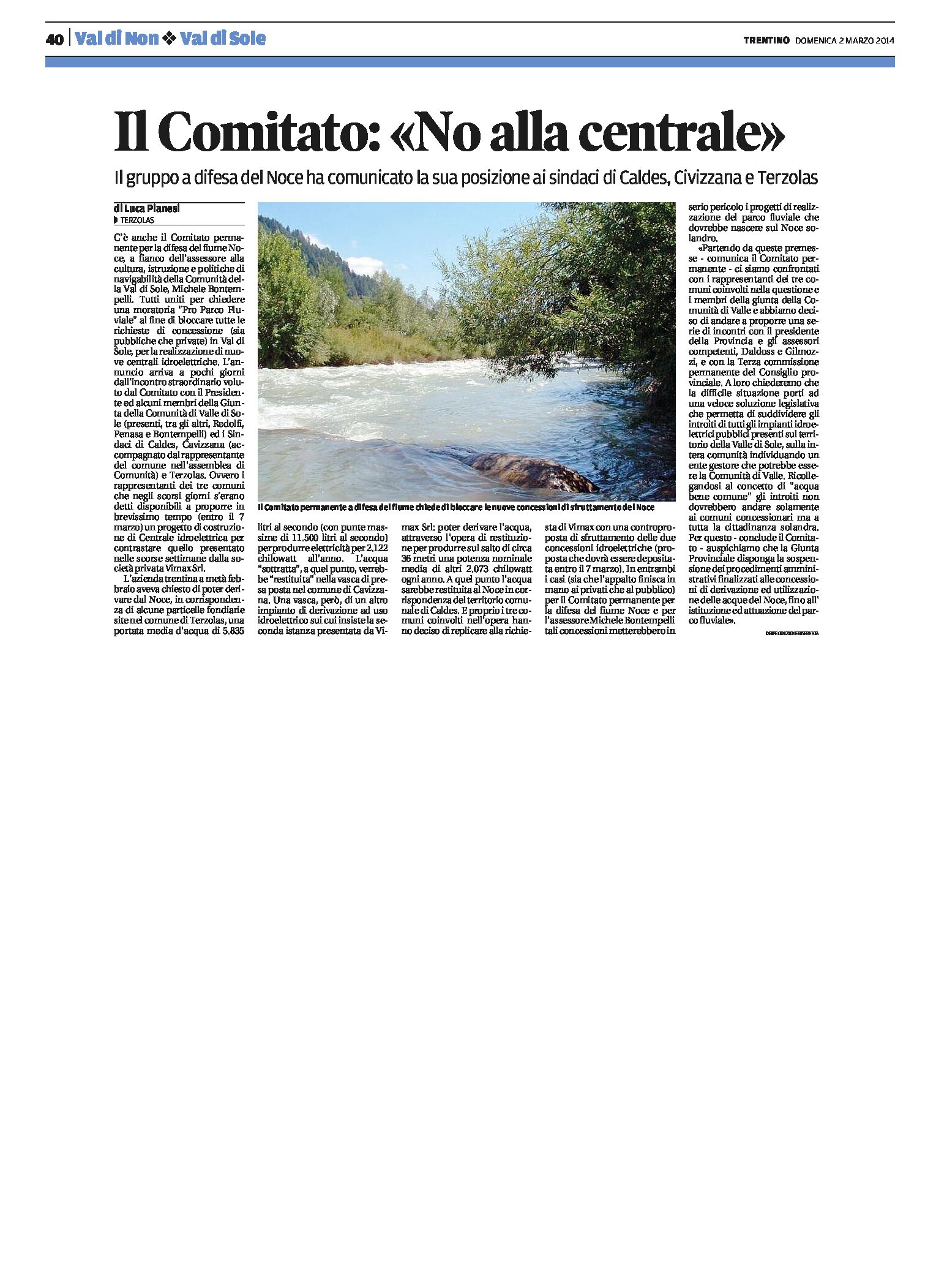Valle di Sole: il “no alla centrale” del Comitato permanente per la difesa del fiume Noce