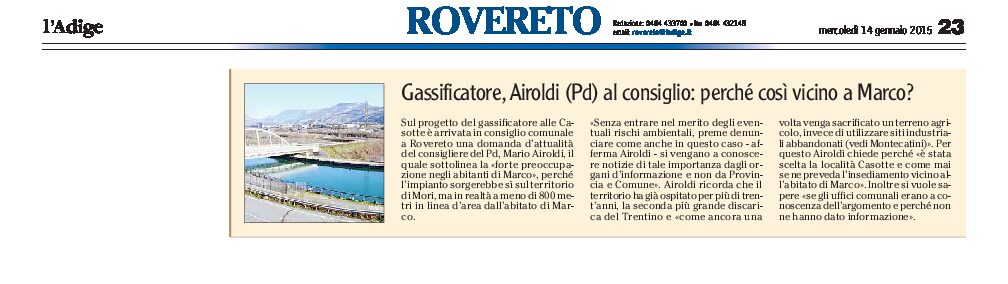 Gassificatore di Mori: preoccupati gli abitanti di Marco