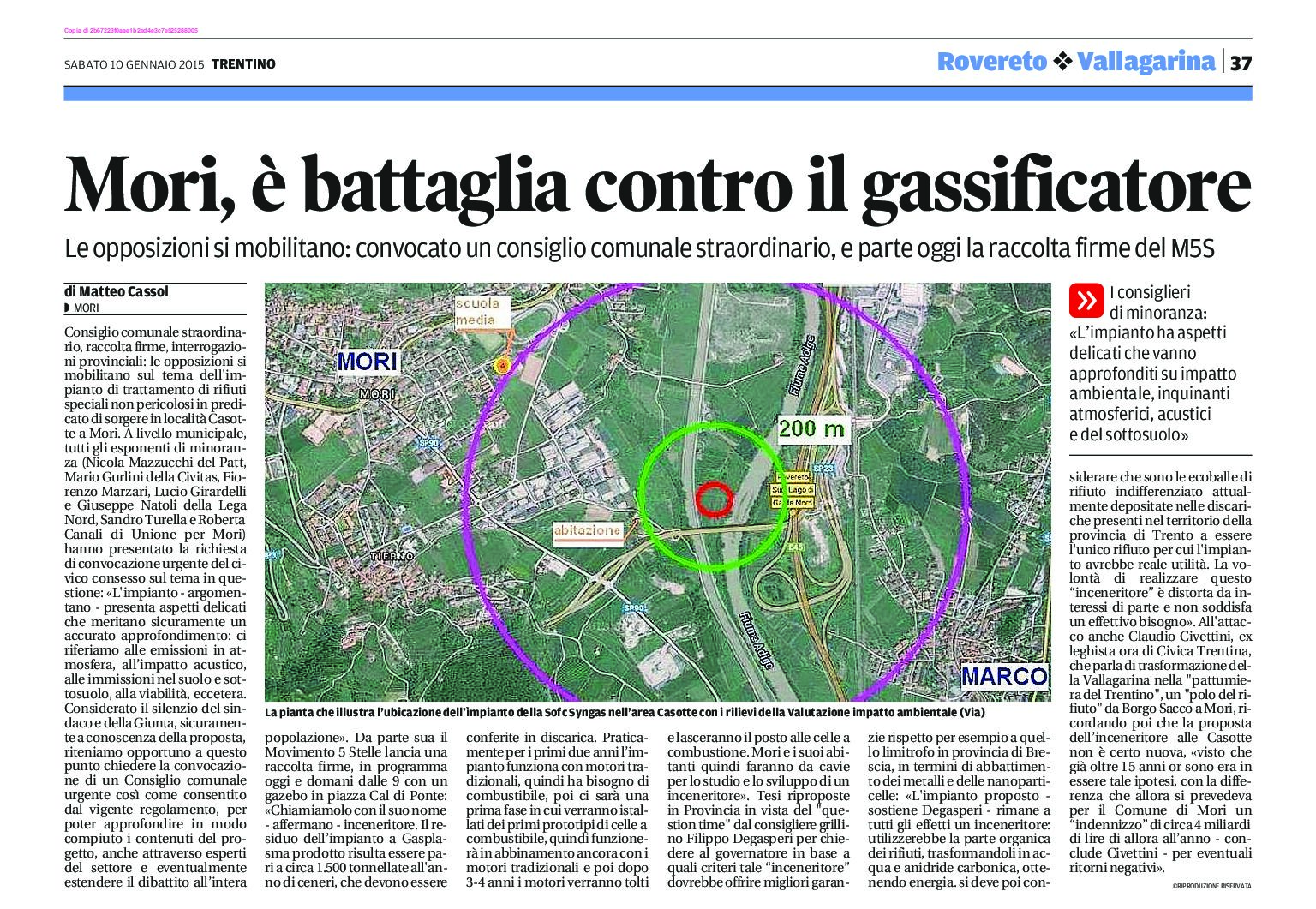 Mori: battaglia contro il gassificatore. Si mobilitano le opposizioni