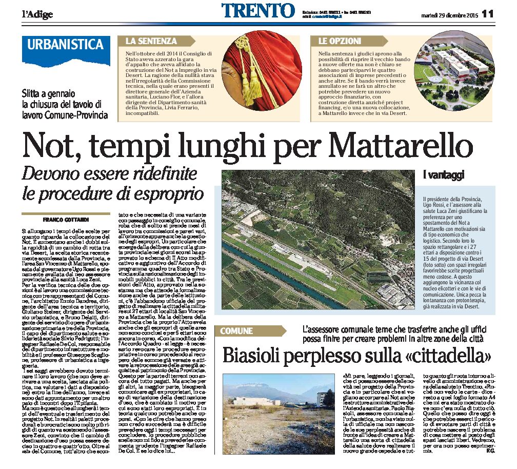 Trento, Not: tempi lunghi per Mattarello. Biasioli perplesso sulla “cittadella sanitaria”