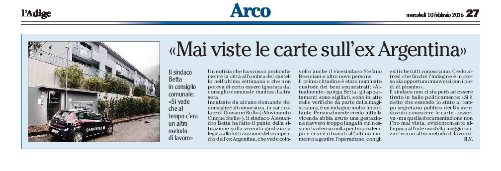 Arco: il sindaco “mai viste le carte dell’ex Argentina”
