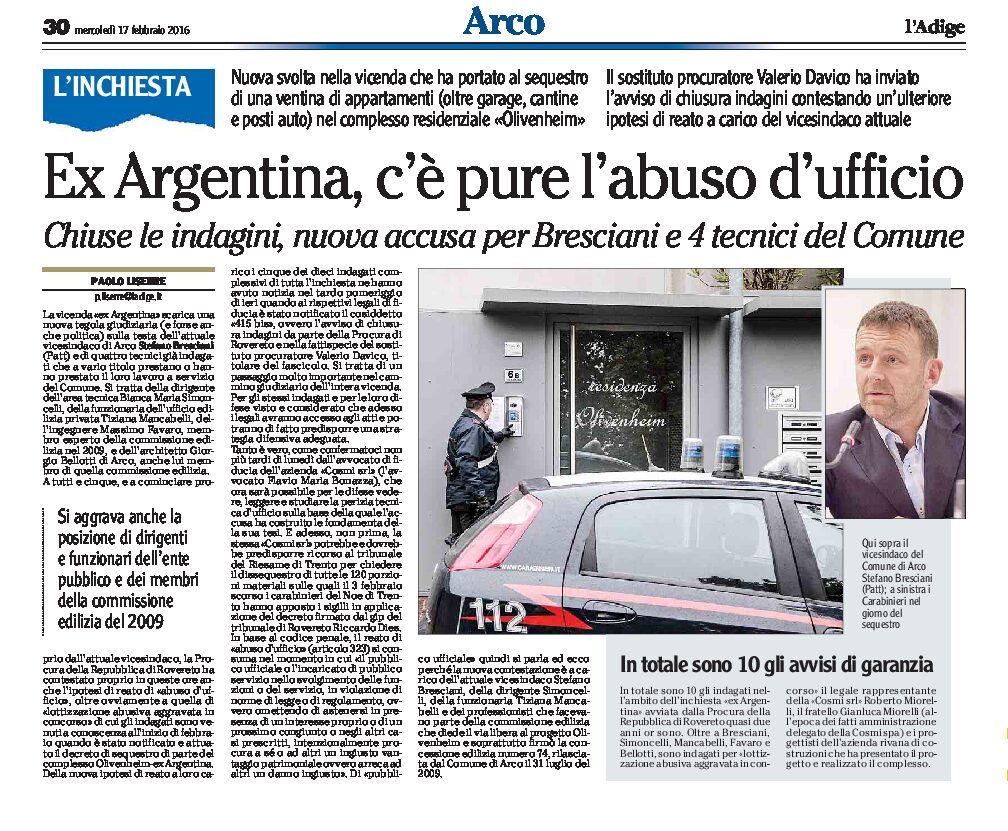 Arco, ex Argentina: c’è anche l’abuso d’ufficio