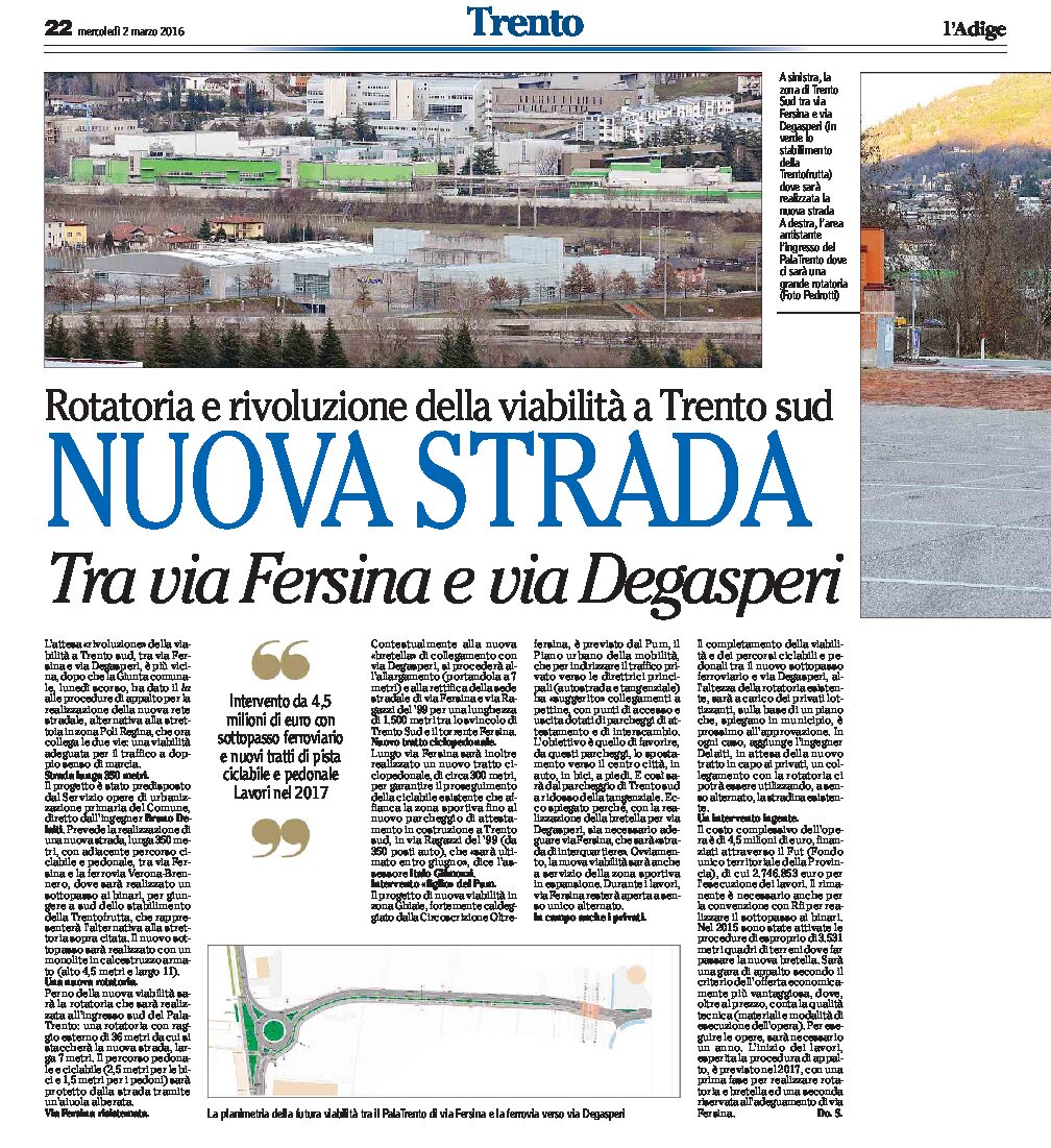 Trento sud: rivoluzione della viabilità. Nuova strada tra via Fersina e via Degasperi