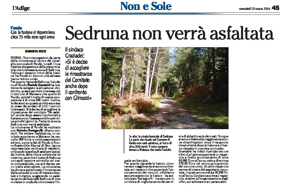 Fondo: la zona Sedruna non verrà asfaltata