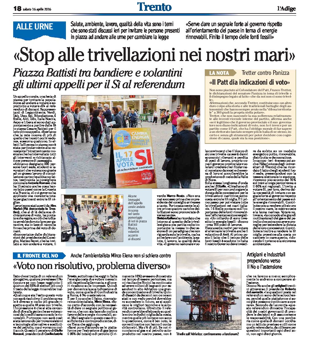 Referendum: stop alle trivellazioni nei nostri mari. Ultimi appelli per il sì al referendum