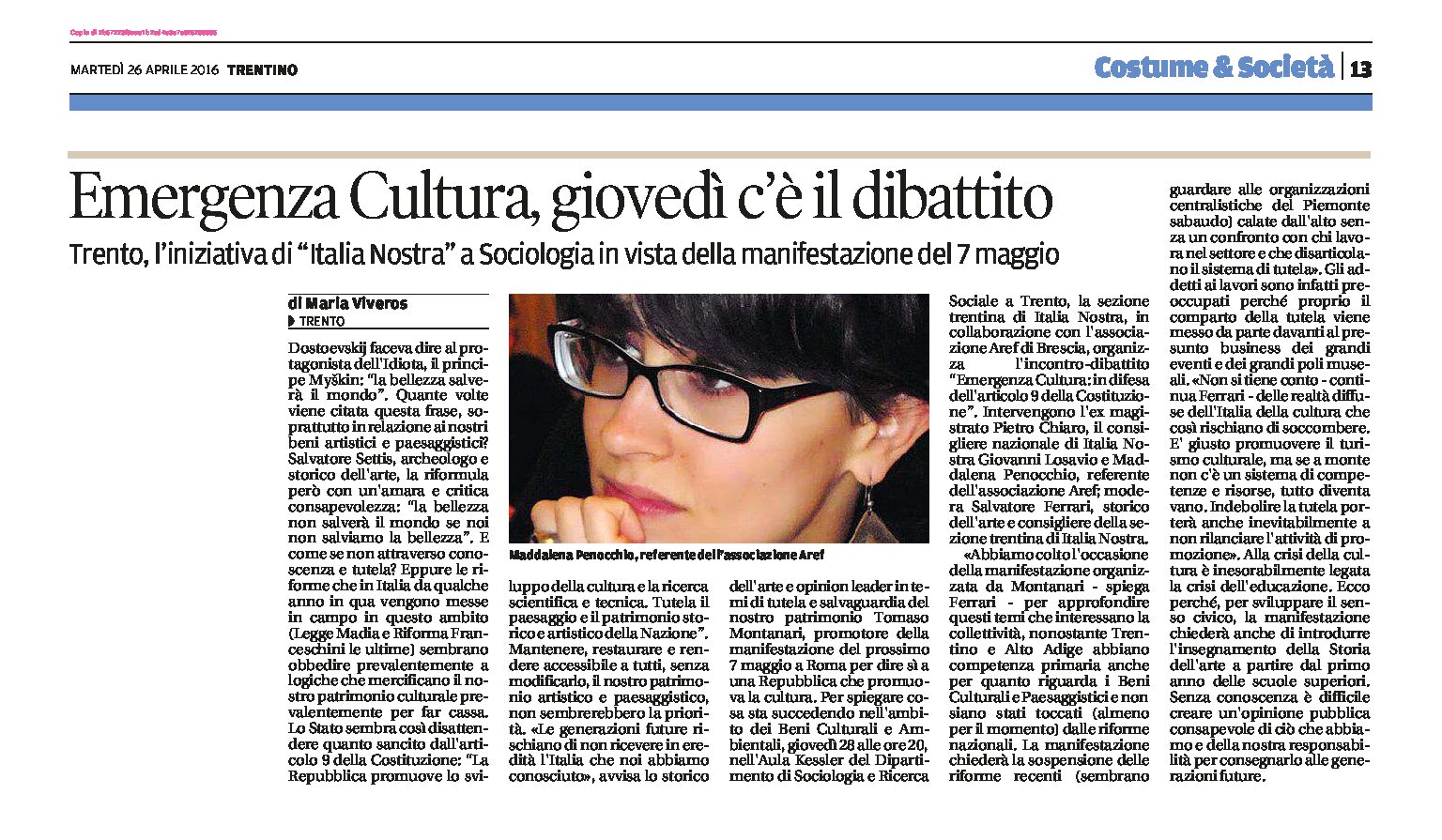 Italia Nostra, Trento: Emergenza cultura, giovedì 28 aprile dibattito a Sociologia