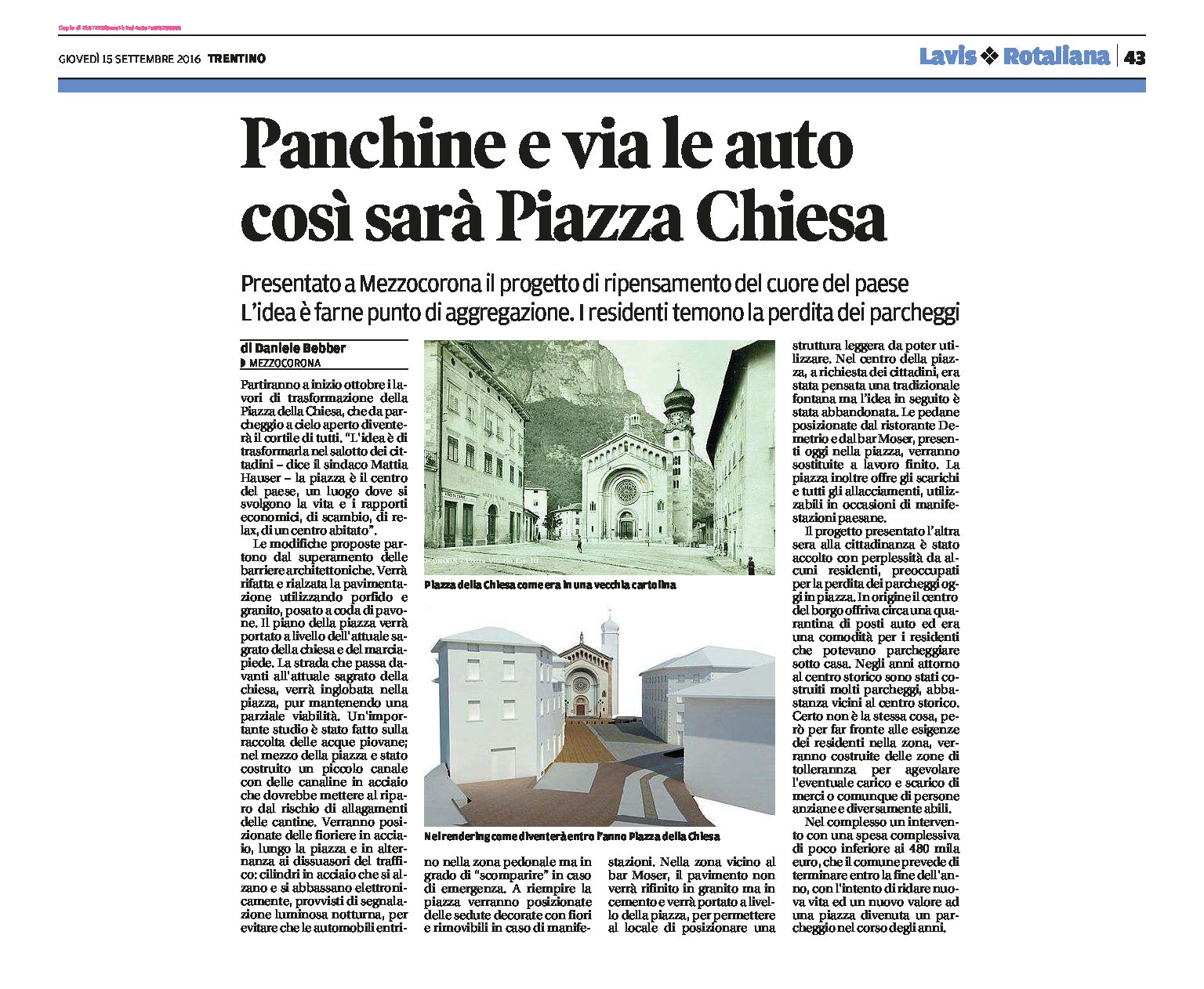 Mezzocorona: panchine e via le auto, così sarà piazza Chiesa
