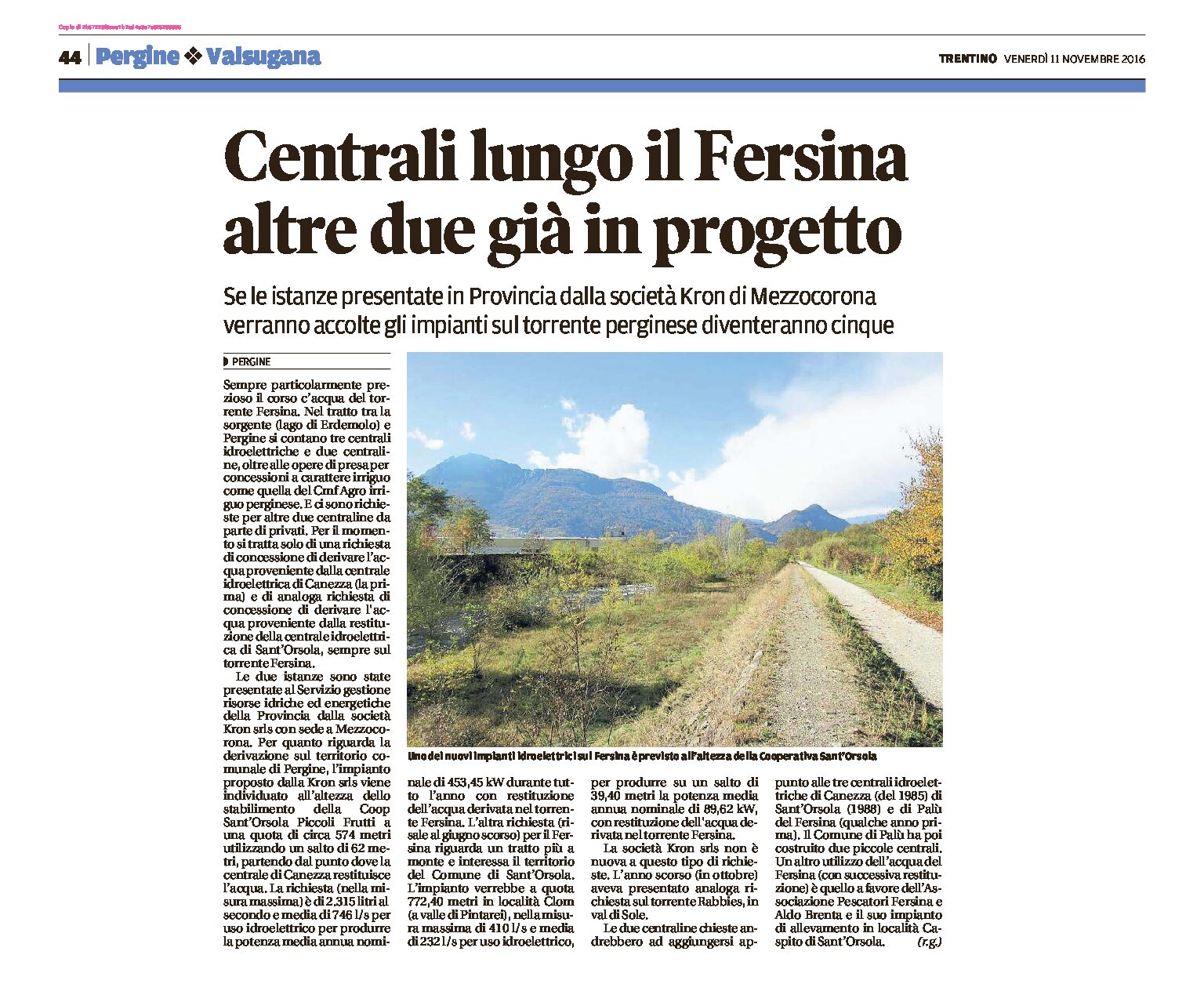 Fersina: Centrali lungo il fiume, altre due già in progetto