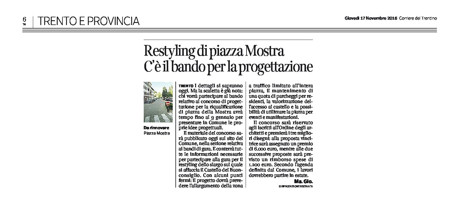 Trento, piazza Mostra: restyling della piazza. C’è il bando per la progettazione