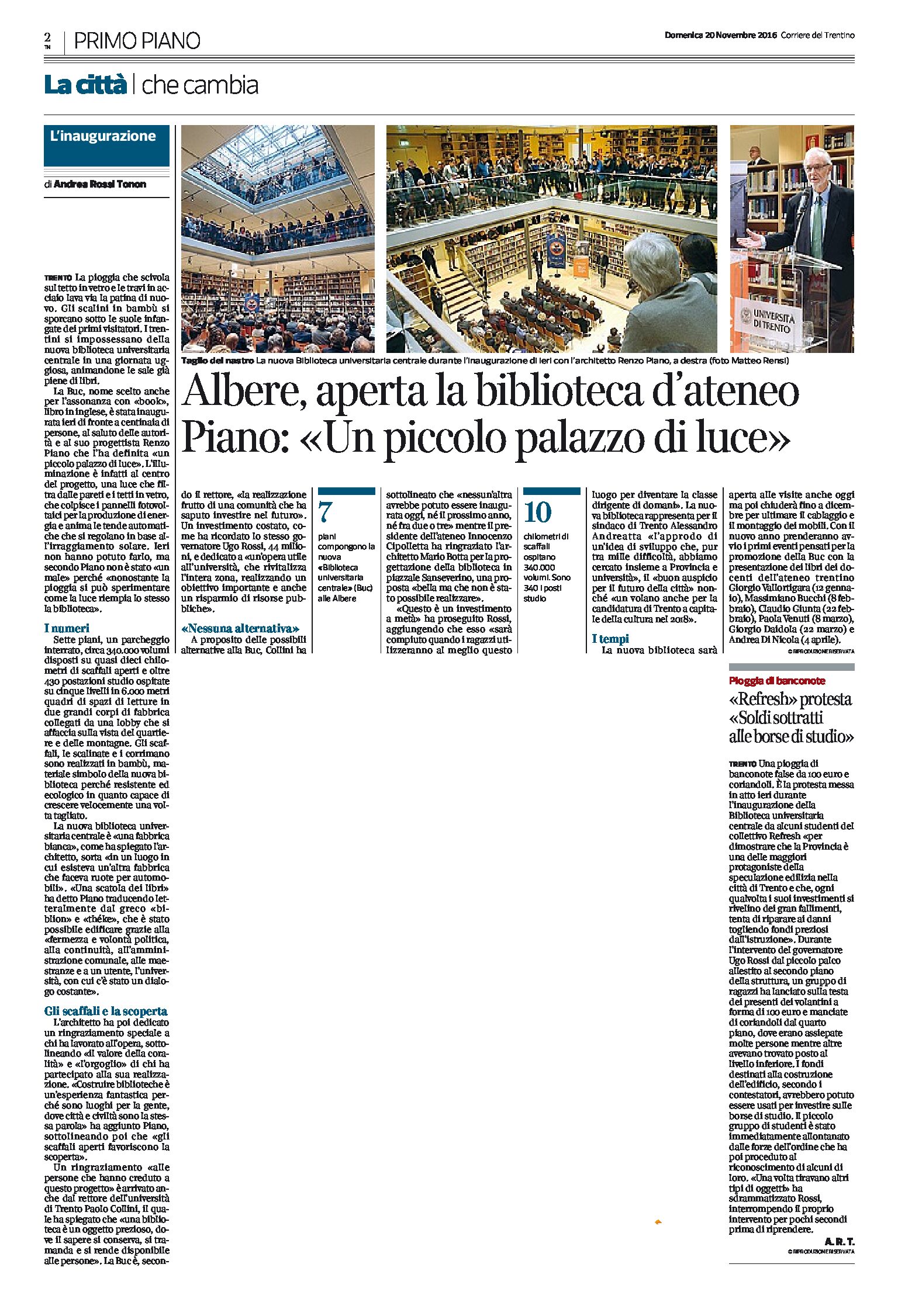 Trento, Albere: aperta la biblioteca d’ateneo. Piano “un piccolo palazzo di luce”