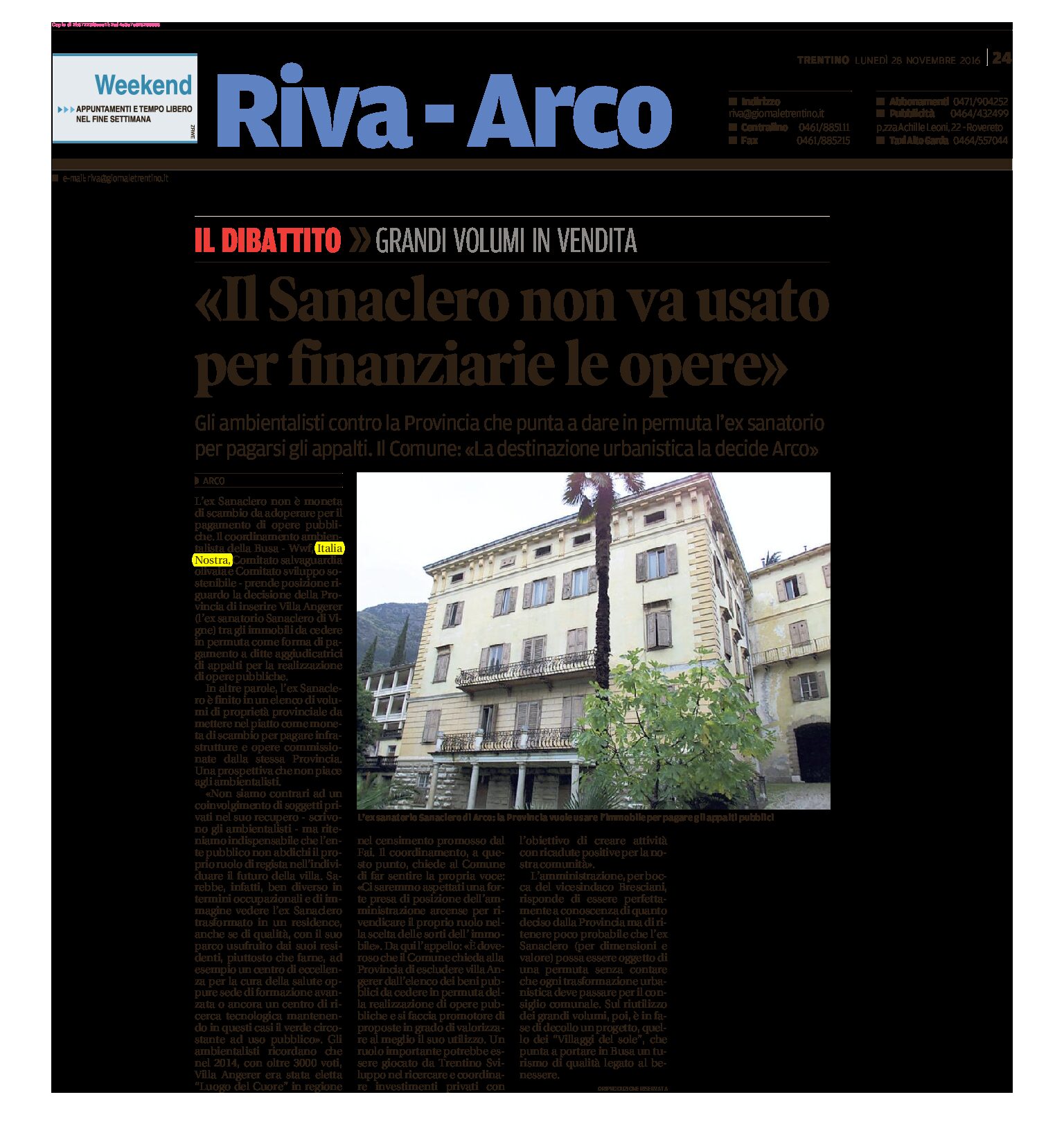 Arco, ex Sanaclero: ambientalisti contro la Provincia “non va usato per finanziare le opere”