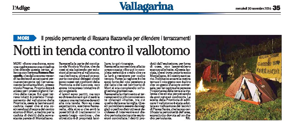 Mori, vallo tomo: Bazzanella in tenda per difendere i terrazzamenti