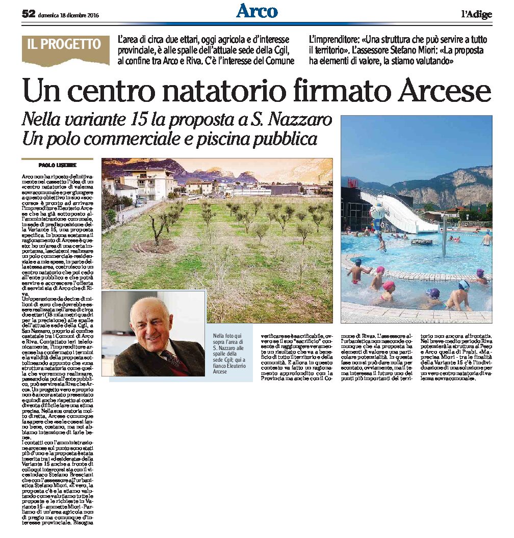 Arco, S. Nazzaro: un centro natatorio firmato Arcese, nella variante 15. Polo commerciale e piscina pubblica