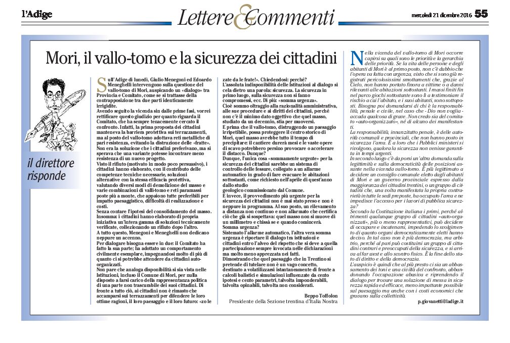 Mori, vallo tomo: lettera di Italia Nostra, Toffolon