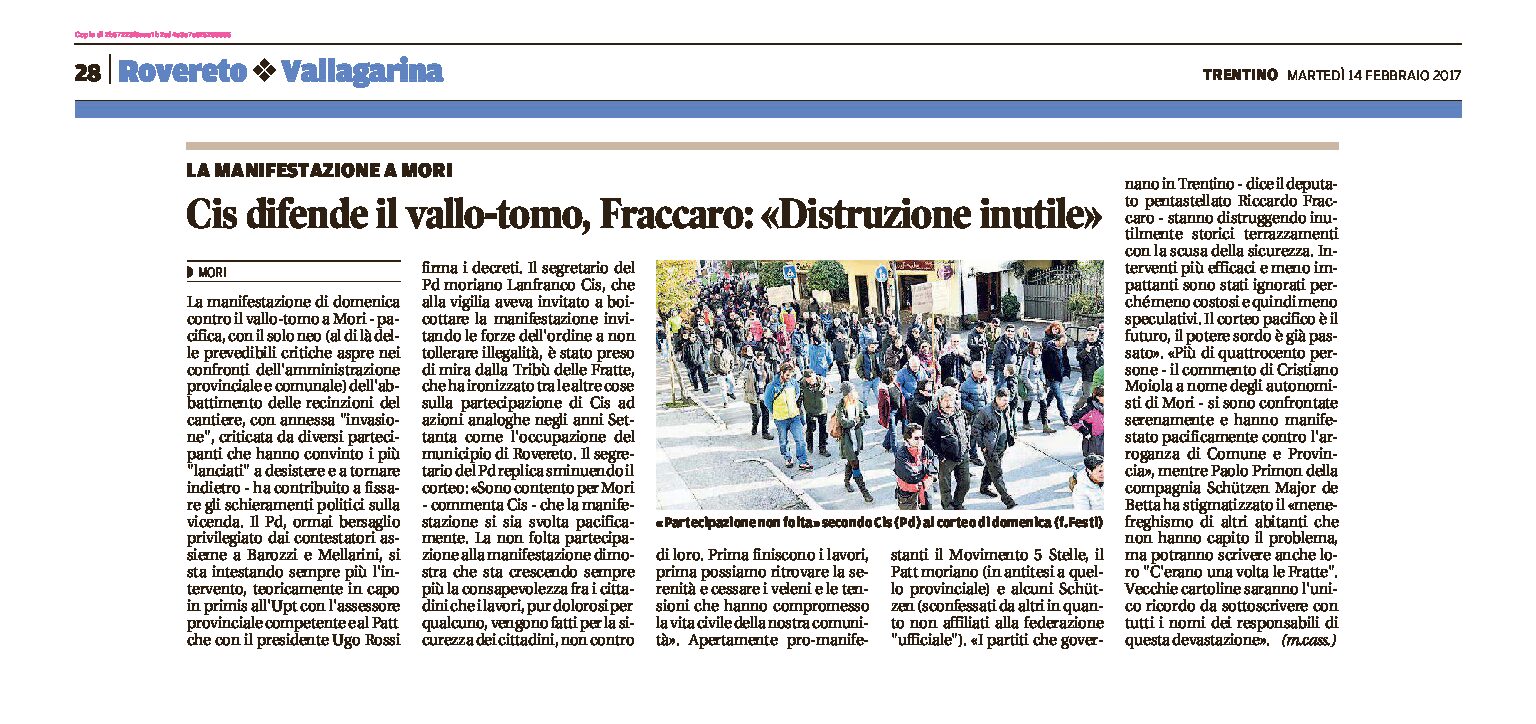 Mori, vallo tomo: Cis lo difende, Fraccaro “distruzione inutile”