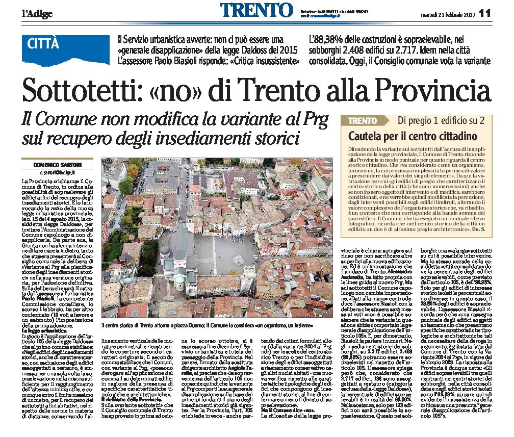 Trento, centro storico: no alle sopraelevazioni