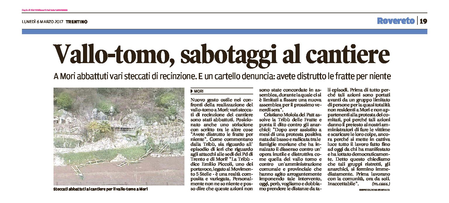Mori, vallo tomo: sabotaggi al cantiere e un cartello “avete distrutto le fratte per niente”