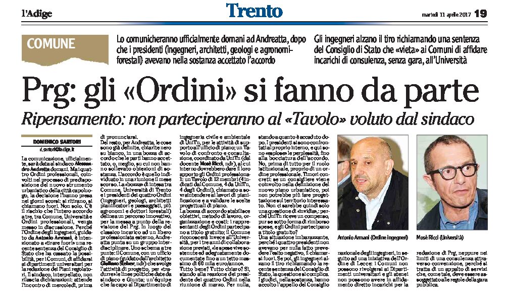 Trento, Prg: ripensamento, gli Ordini professionali si fanno da parte.