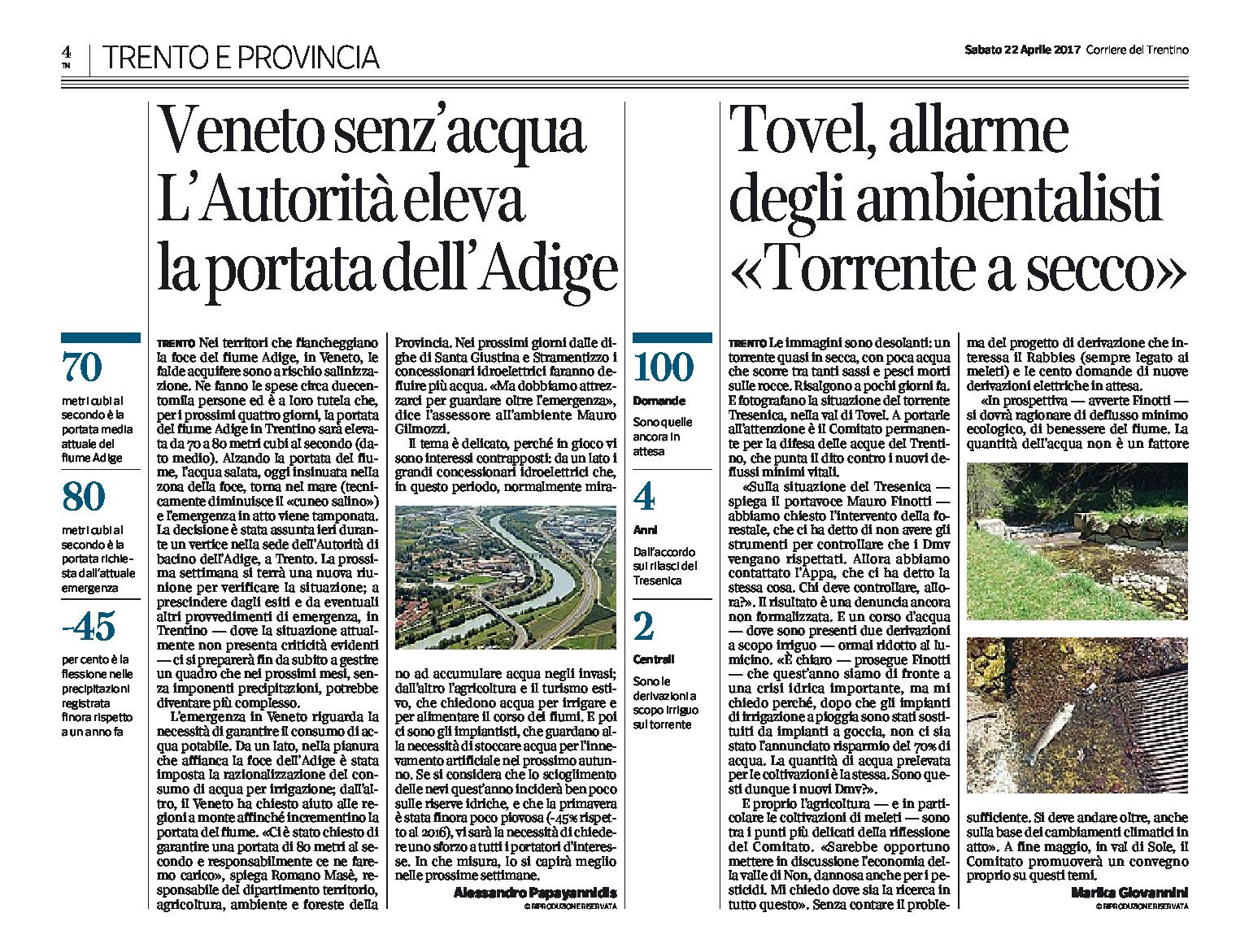 Fiumi: val di Tovel, allarme degli ambientalisti, Tresenica a secco.