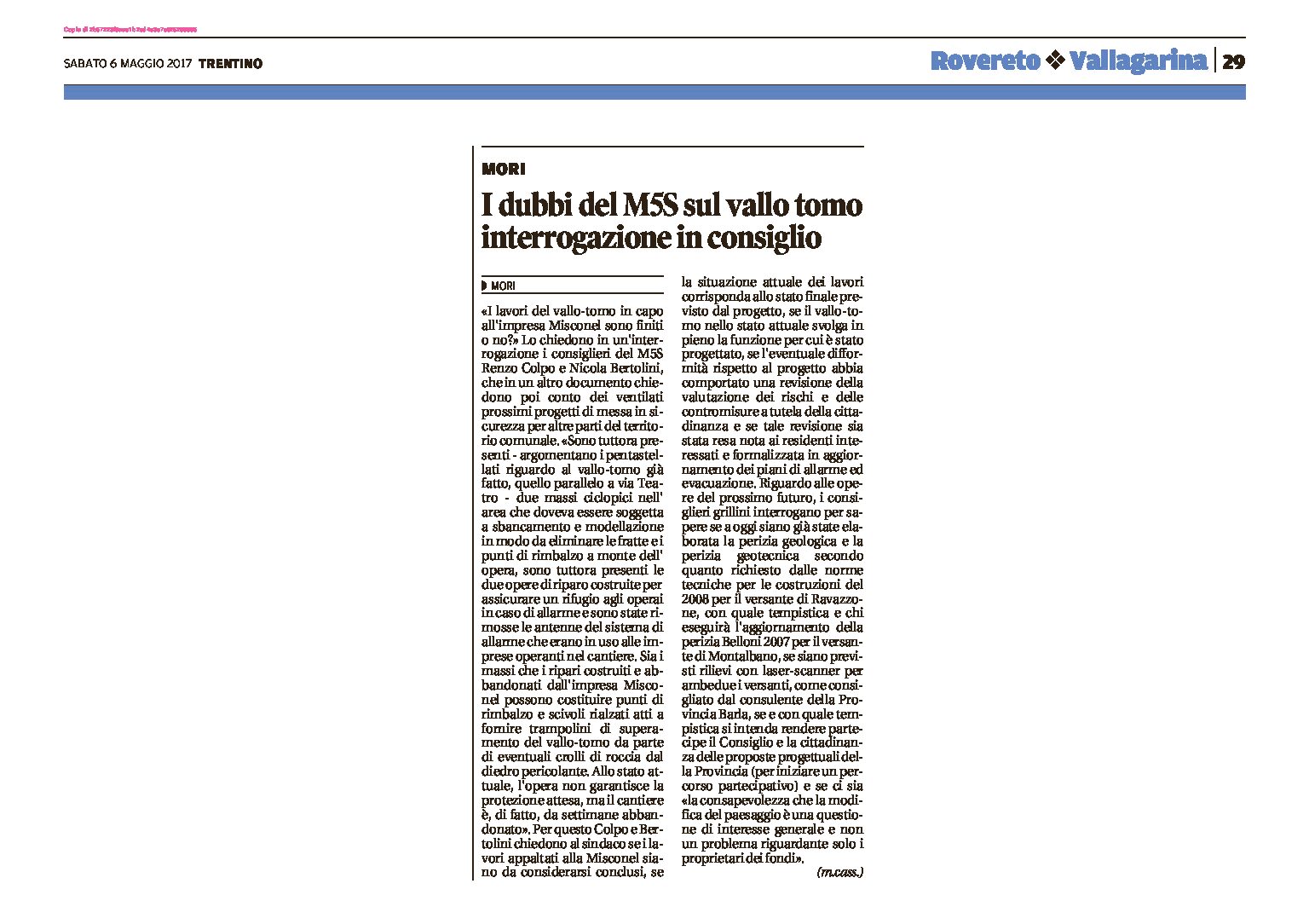 Mori, vallo tomo: i dubbi dei M5S. Interrogazione in consiglio