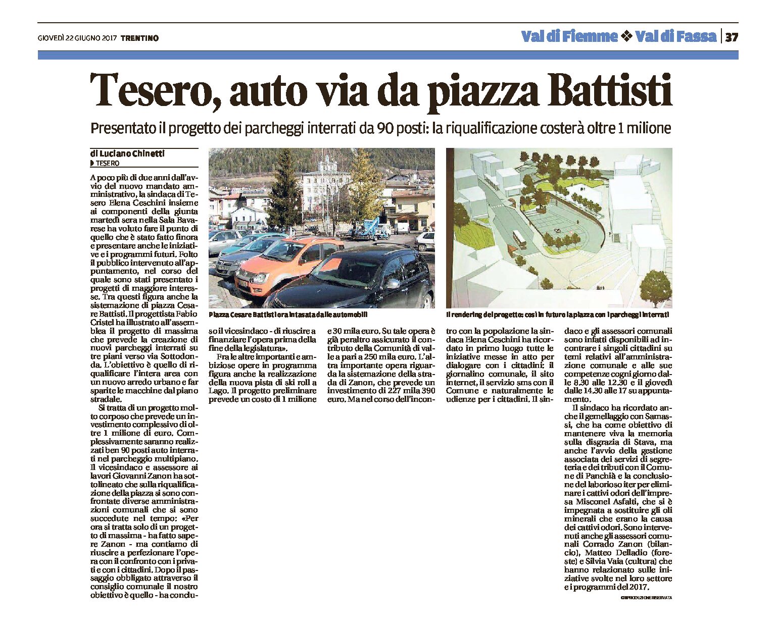 Tesero: auto via da piazza Battisti. Presentato il progetto dei parcheggi interrati