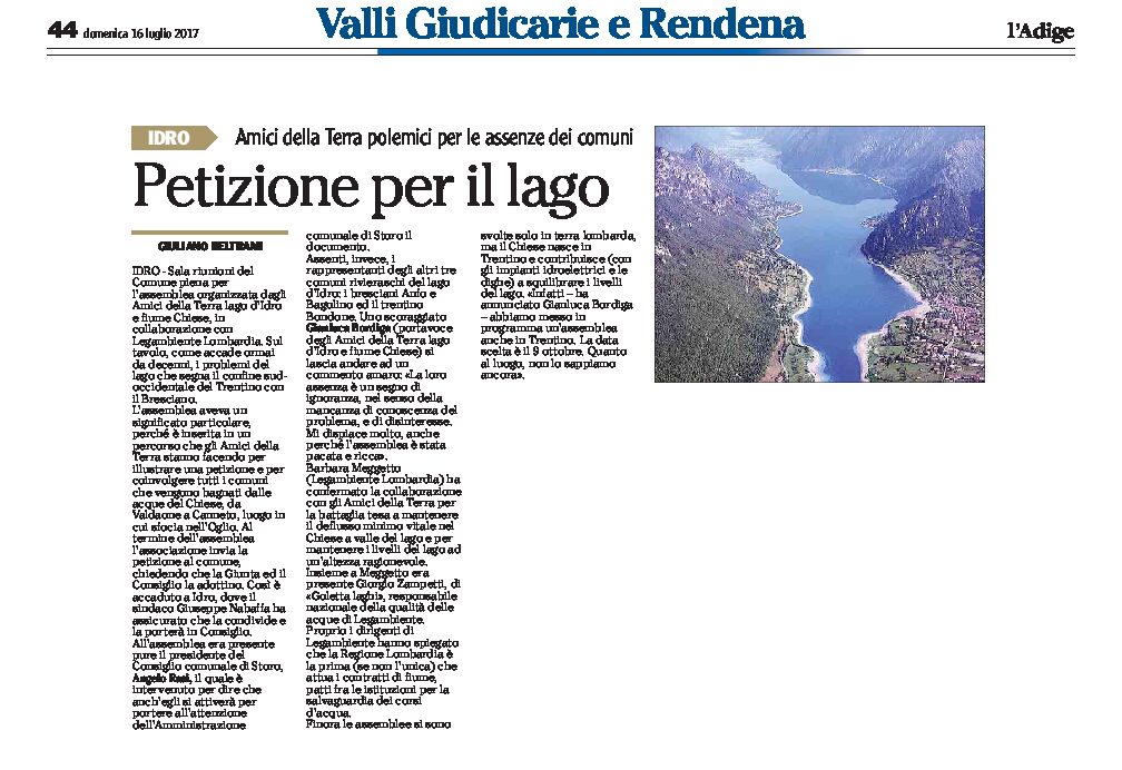 Lago d’Idro: l’associazione Amici della Terra invia una petizione al Comune