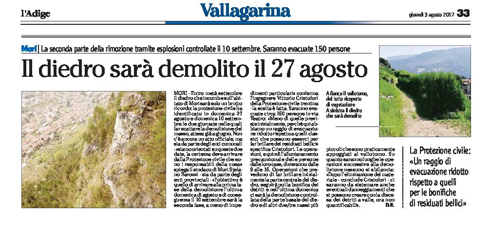Mori, diedro: sarà demolito probabilmente il 27 agosto e il 10 settembre