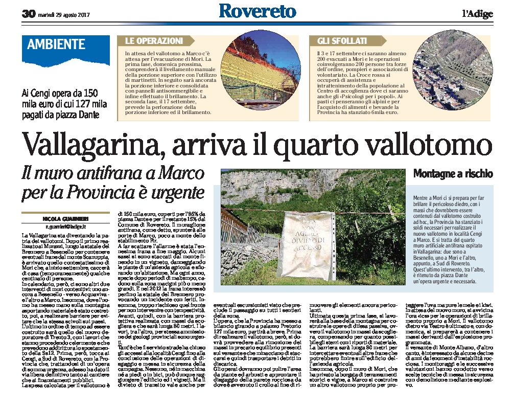 Vallagarina: arriva il quarto vallo tomo. A Marco il muro antifrana è urgente