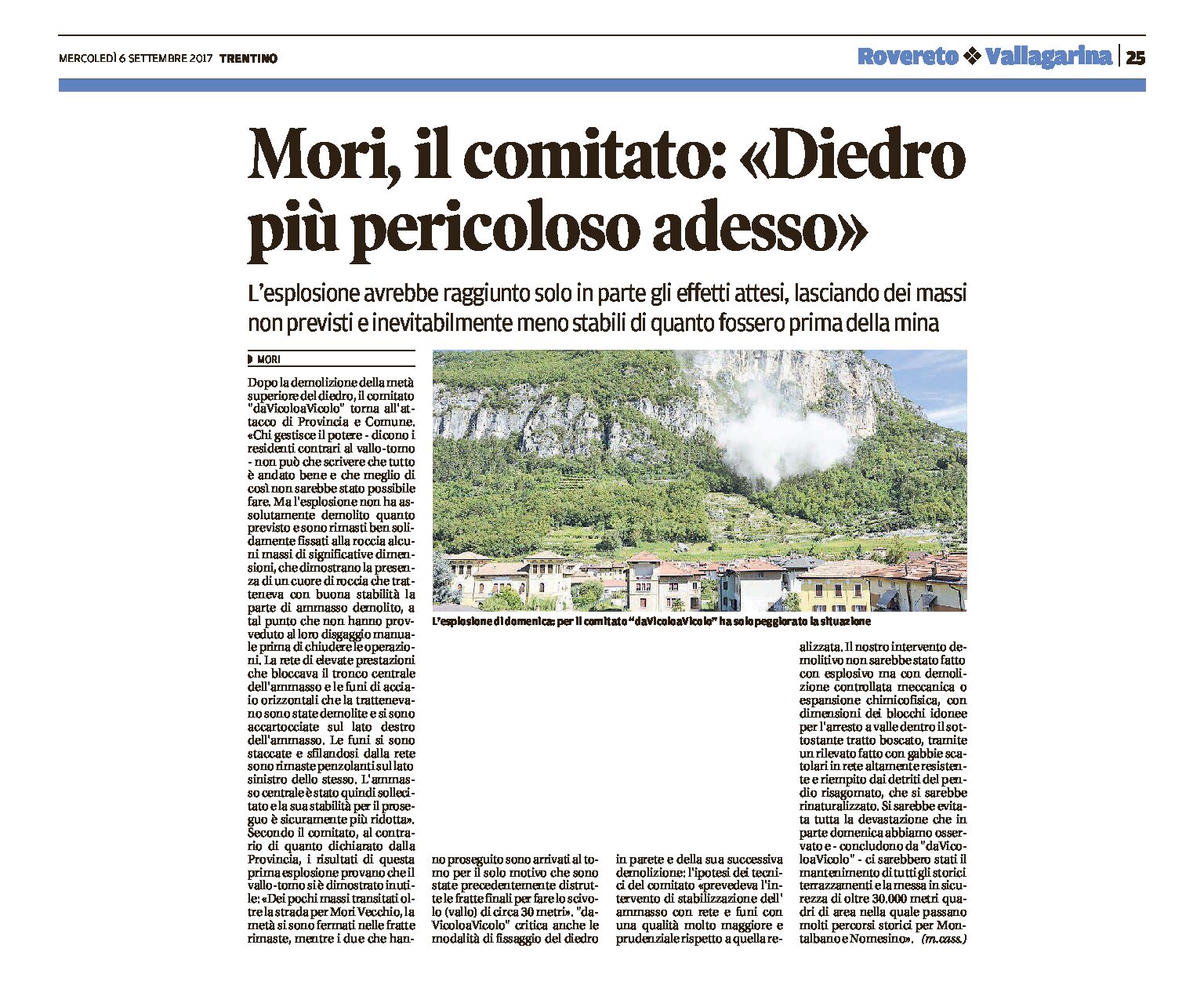 Mori: il comitato daVicoloaVicolo “diedro più pericoloso adesso”