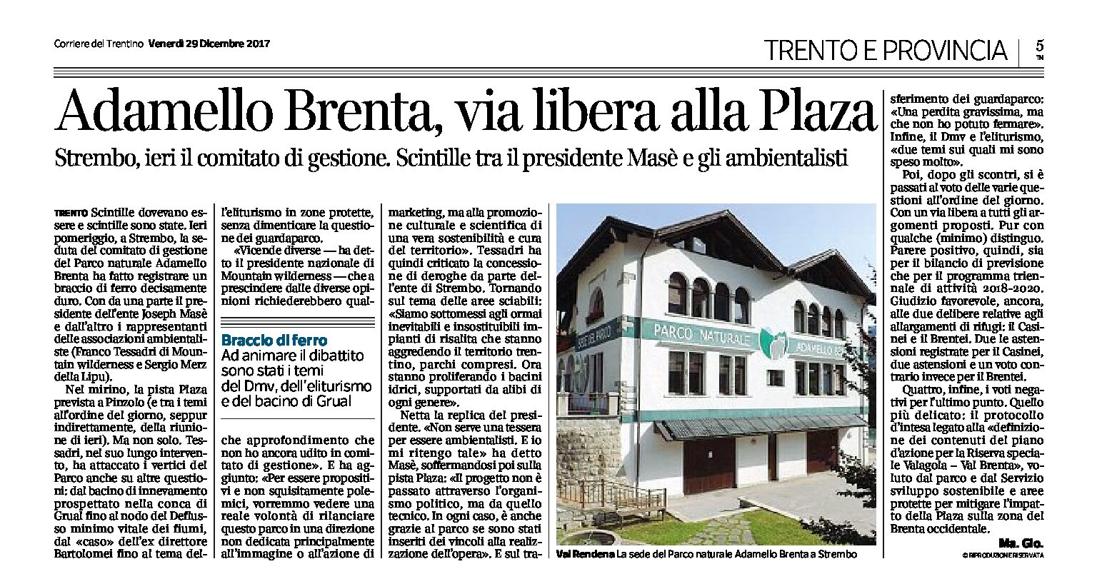 Pista Plaza: via libera dal Parco Adamello Brenta