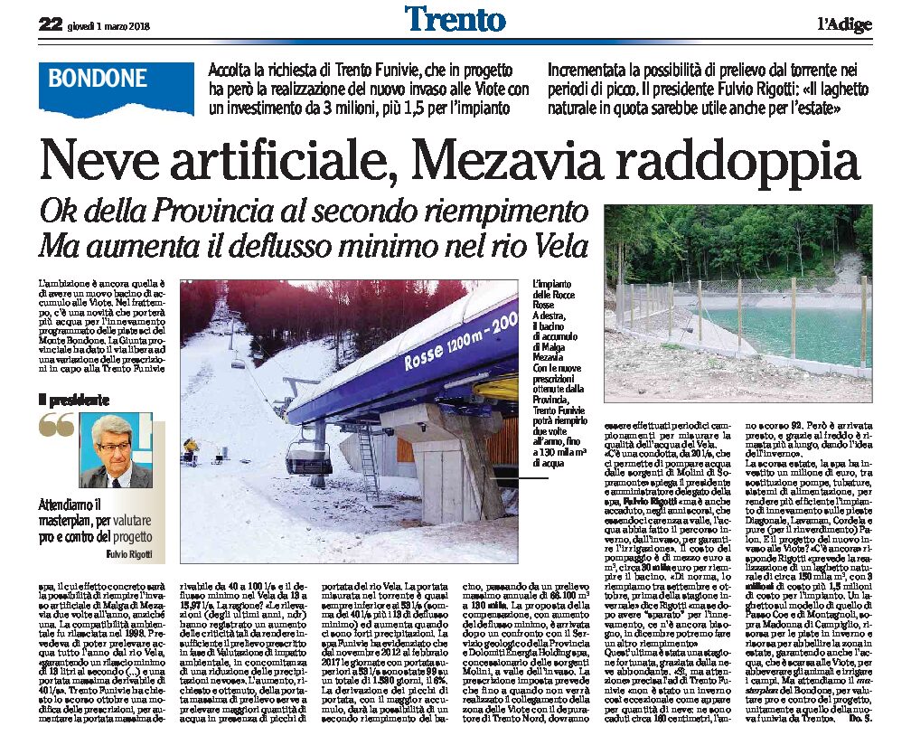Bondone: neve artificiale, Mezavia raddoppia