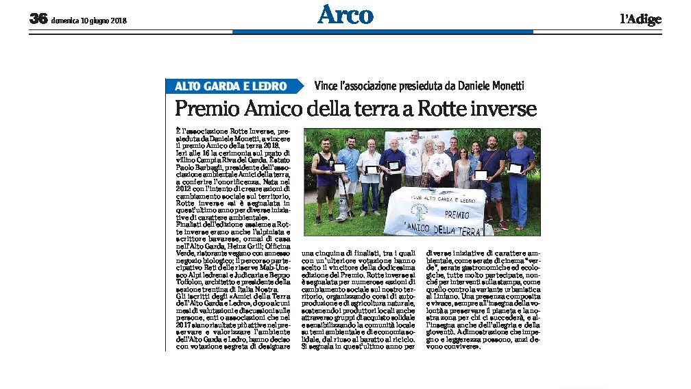 Alto Garda: Premio Amico della terra 2018 a Rotte inverse