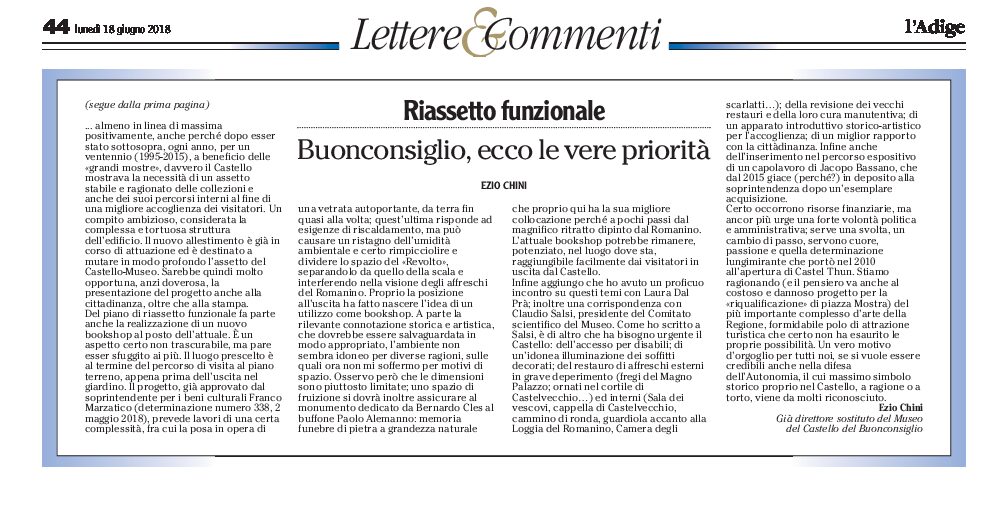 Trento, Castello del Buonconsiglio: riassetto funzionale. Chini “ecco le vere priorità”