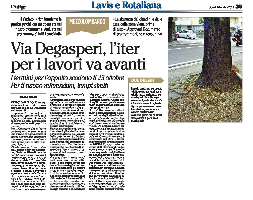 Mezzolombardo: via Degasperi, l’iter per il lavoro del nuovo marciapiede va avanti