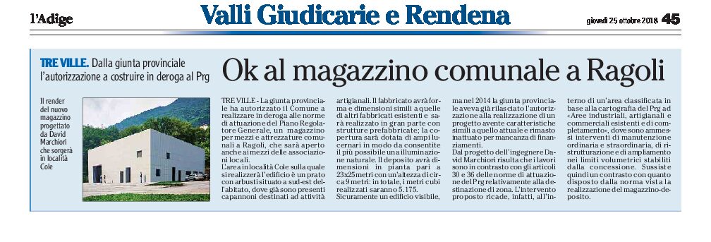 Tre Ville, Ragoli: dalla giunta provinciale l’autorizzazione a costruire il magazzino comunale in deroga al Prg