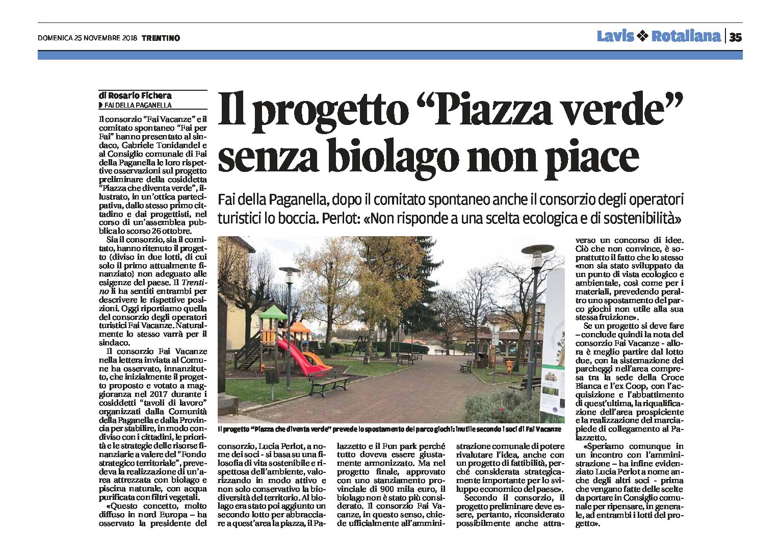 Fai della Paganella: il progetto “piazza verde” senza il biolago non piace