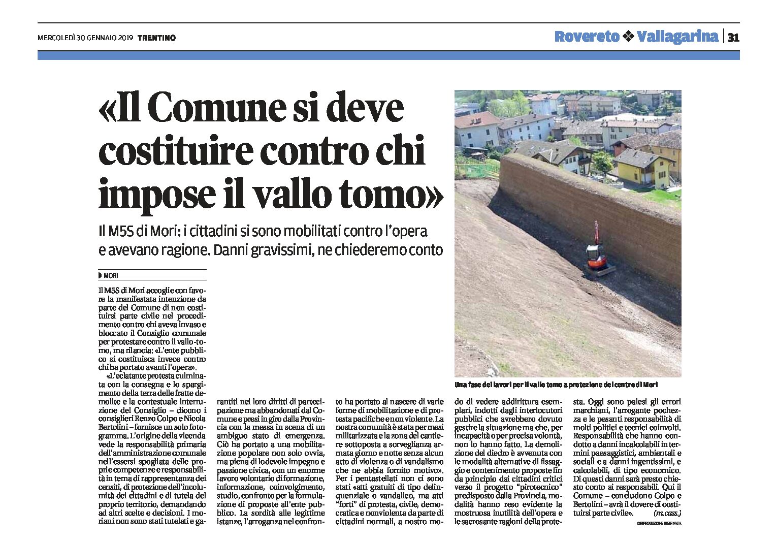 Mori, vallo tomo: il Comune si deve costituire contro chi lo impose