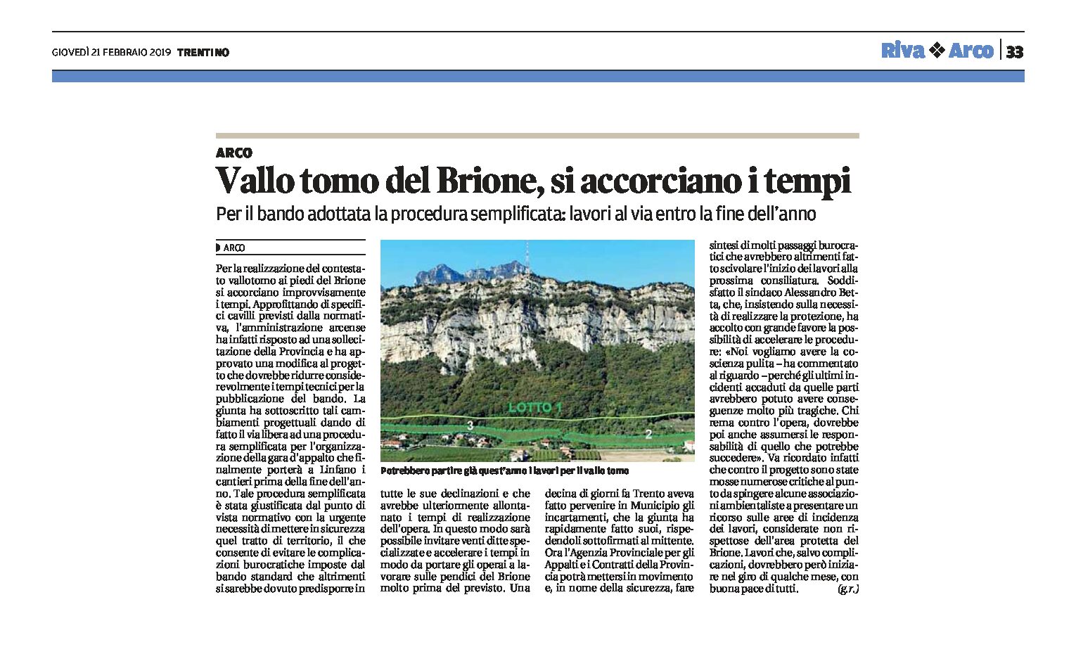 Arco, Brione: per il vallo tomo si accorciano i tempi