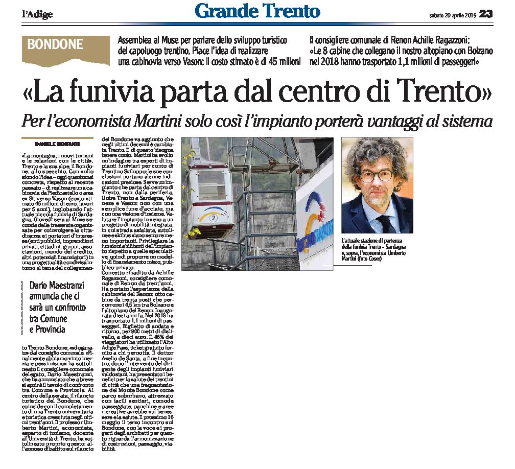 Trento-Bondone: la funivia parta dal centro della città