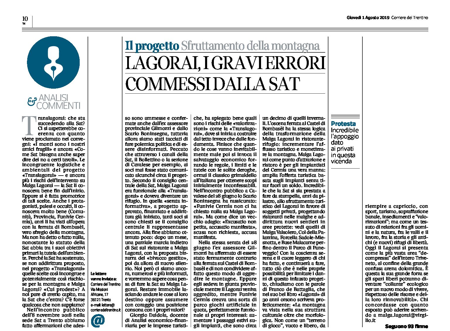 Lagorai: il progetto, sfruttamento della montagna. I gravi errori commessi dalla Sat. Lettera con 93 firme