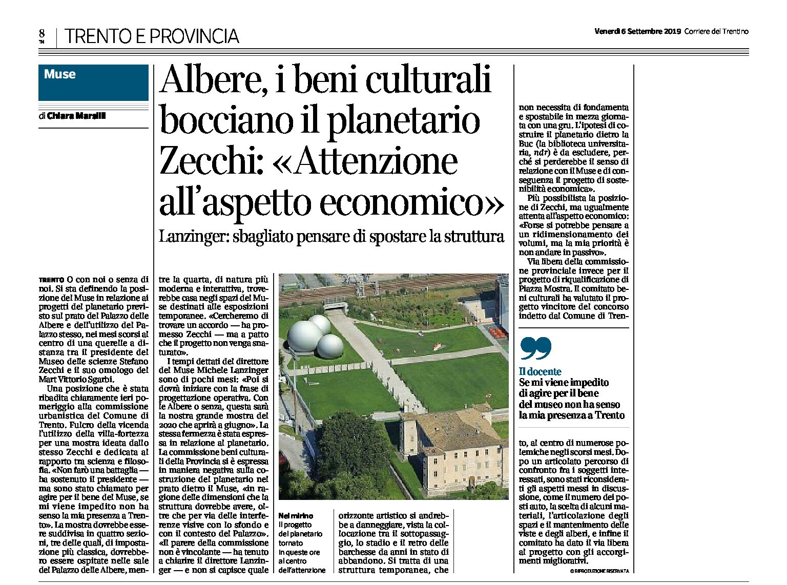 Trento, planetario: i Beni culturali lo bocciano