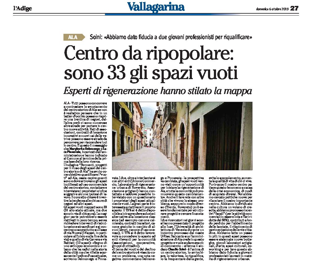 Ala: centro storico da ripopolare. Esperti di rigenerazione hanno stilato la mappa