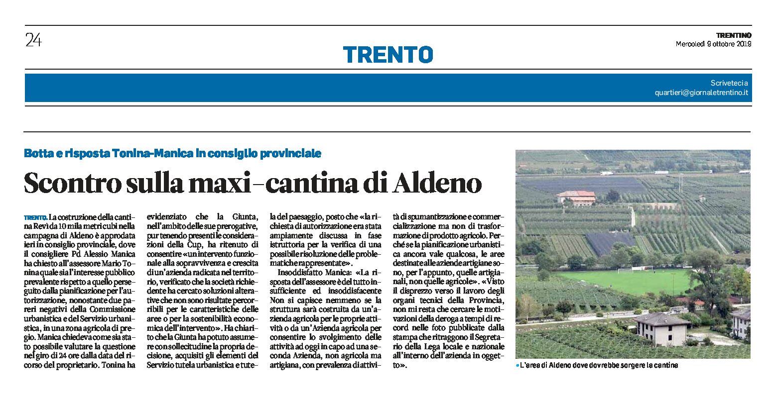 Aldeno: scontro in consiglio provinciale sulla maxi-cantina