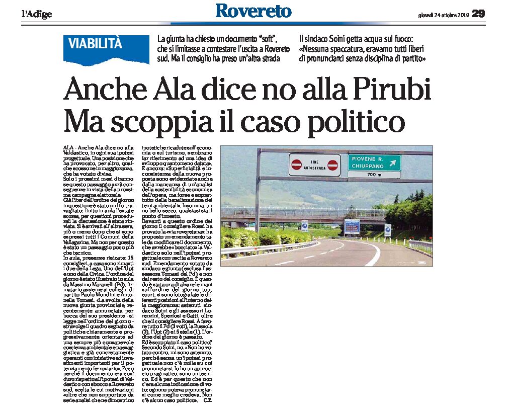 Valdastico: anche Ala dice no, in ogni sua ipotesi progettuale. Scoppia il caso politico