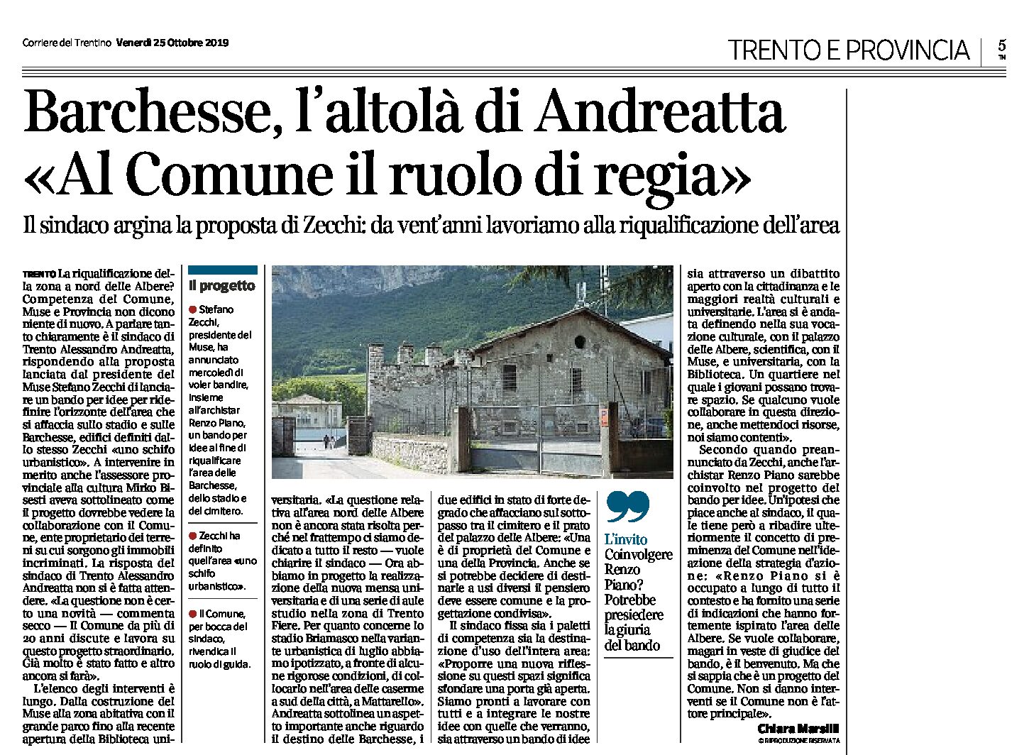 Trento, Barchesse: l’altolà di Andreatta “al Comune il ruolo di regia”