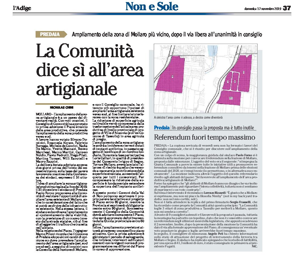 Predaia: la Comunità dice sì all’ampliamento dell’area artigianale di Mollaro
